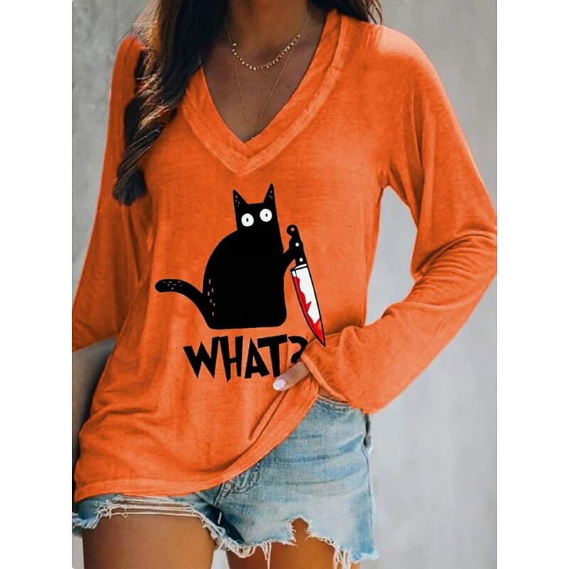 Halloween Women's T shirt Black Cat V Neck Long Sleeve Graphic Casual Letter Vintage Stylish Western Regular Tops Daily Weekend Vacation Wear Print White Pink Blue Orange Green Spring Fall Witch
