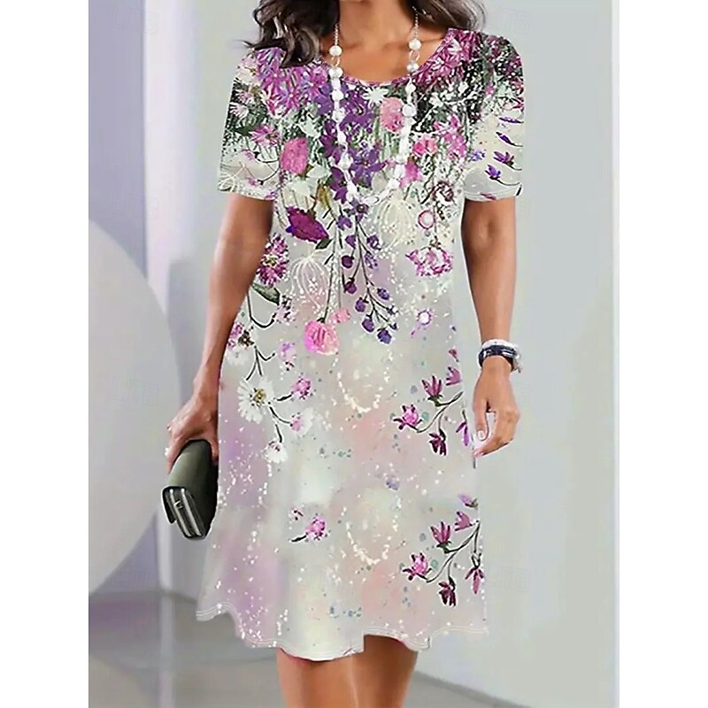 Women's Elegant Party Evening Midi Dress Crew Neck Short Sleeve Shift Dress A Line Dress Casual Boho Daily Regular Fit Ombre Floral Graphic Light Purple Summer Spring Fall