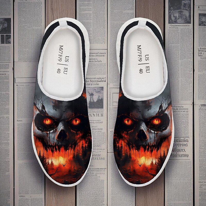 Men's Mesh Slip-On Sneakers with Fiery Skull Print – Casual Halloween Festival Shoes for Party, Travel and Daily Wear2