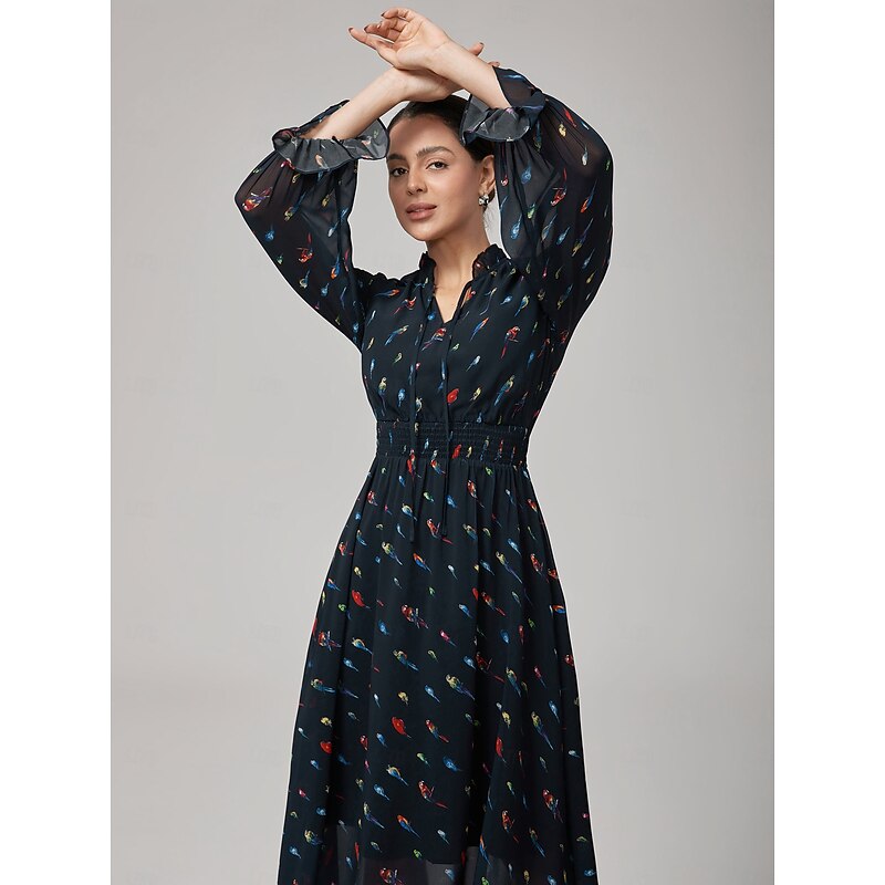 Parrot Print Ruffle Collar Black Chiffon Dress4