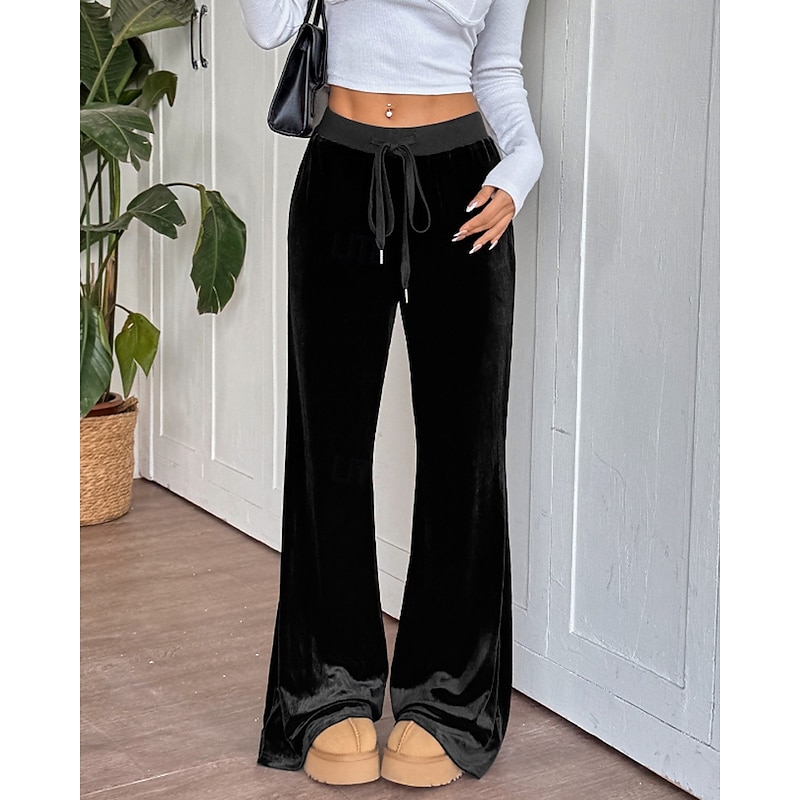 Women's Wide Leg Slacks Streetwear Casual Full Length Natural Plain Elastic Drawstring Design Comfortable Street Holiday Daily Wear Black Fall Regular Fit2