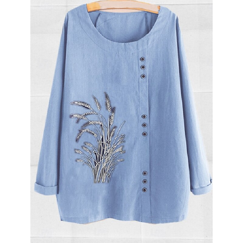 Women's Cotton Linen Shirts Floral Basic Casual Long Sleeve Crew Neck Regular Tops Daily Embroidered Buttons Navy Blue Green Light Blue Summer Fall3