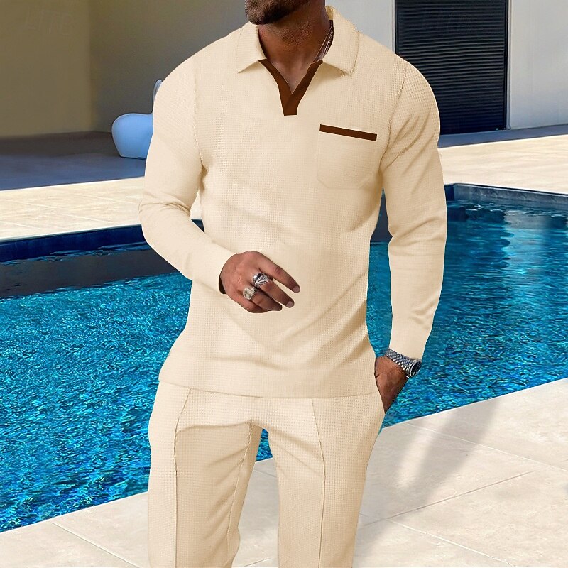 Men's Waffle Polo Shirts Golf Shirt Work Casual Lapel Long Sleeve Basic Modern Color Block Buttons Spring Fall Regular Fit Black Royal Blue Khaki Gray Waffle Polo Shirts3