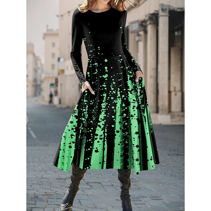 Women's Midi Dress A Line Dress Fit And Flare Dress Casual Daily Regular Fit Graphic Geometric Long Sleeve Crew Neck White Red Blue Purple Fall Winter3