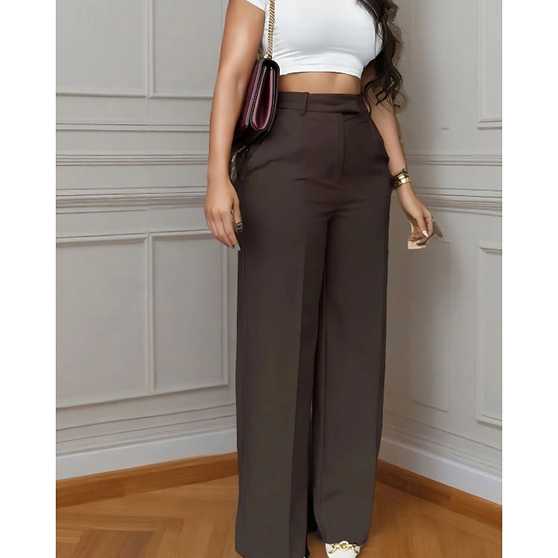Women's Wide Leg Dress Pants Streetwear Stylish Full Length Natural Plain Pocket Elastic Waist Comfy Formal Office Street claret Dark-Gray Yellow Coffee Fall Regular Fit4