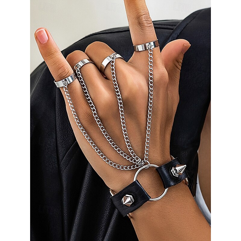 Men's Halloween Gothic Hand Strap Bracelet - Faux Leather Spiked Bracelet and Layered Chain, Adjustable Alloy Punk Rock Jewelry for Cosplay, Masquerade Parties, Concerts and Night Out2