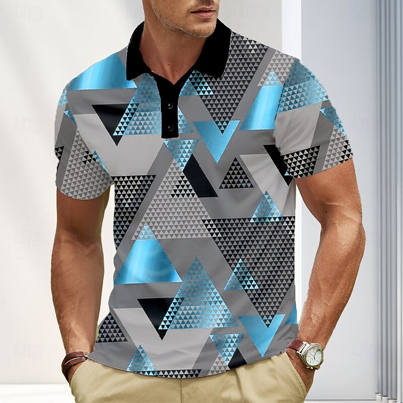 Men's Abstract Geometic Polo Short Sleeve Polo Shirts Lapel Business Casual Business Athleisure 3D Print Buttons Summer Blue Gold Green3