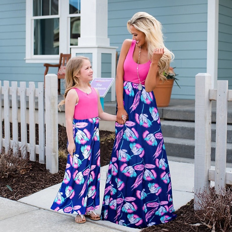 Mommy and Me Dresses Floral Street Patchwork Light Pink Black-1 Black-3 Sleeveless Maxi Tank Dress Active Matching Outfits