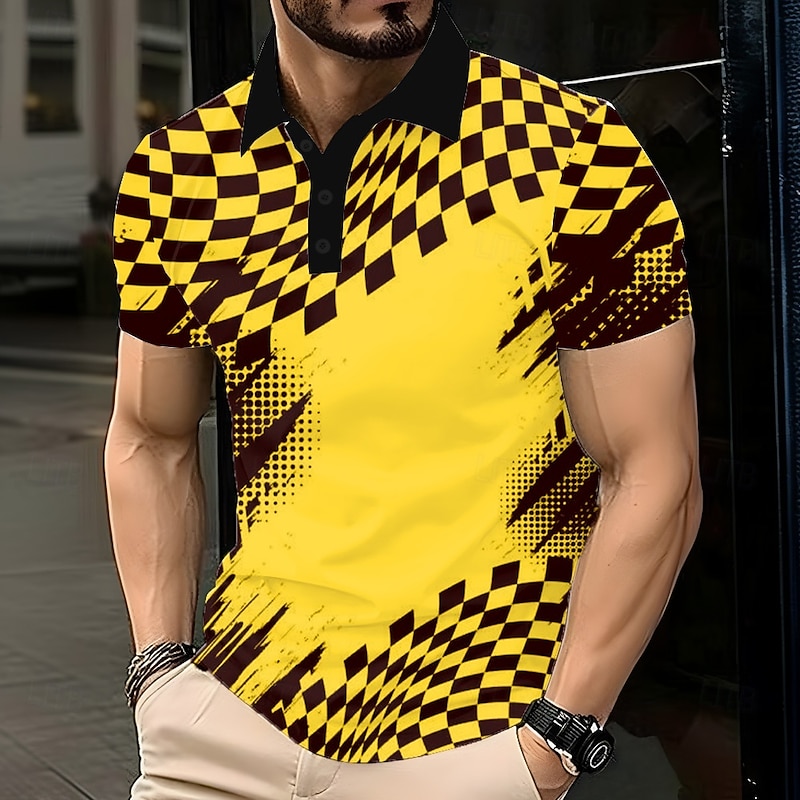 Men's Abstract Geometic Polo Short Sleeve Polo Shirts Lapel Business Casual Business Athleisure 3D Print Buttons Summer Lake blue White Yellow3