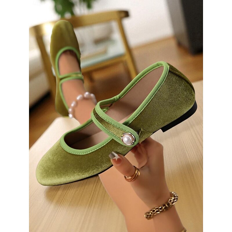 Women's Green Velvet Mary Jane Flats with Pearl Buckle – Vintage - Inspired Square - Toe Shoes for Casual Daily Wear & Light Retro Outings4