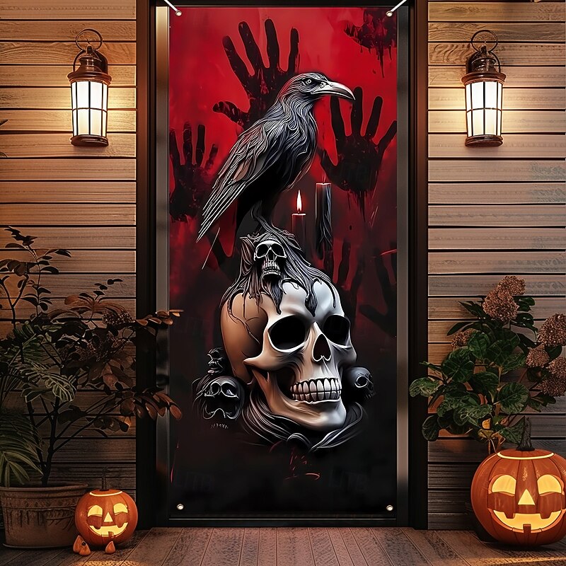 Halloween Door Cover Outdoor Banners Skeleton Crow Psychedelic Dark Punk Gothic Style Party Outdoor Shooting Backgrounds Front Door Wall Porch Home Decor