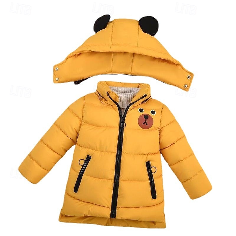 Kids Boys' Down Coat Hoodie Jacket Outerwear Bear Long Sleeve Zipper Pocket Coat Casual Adorable Daily Black Yellow Army Green Winter 4 years+2