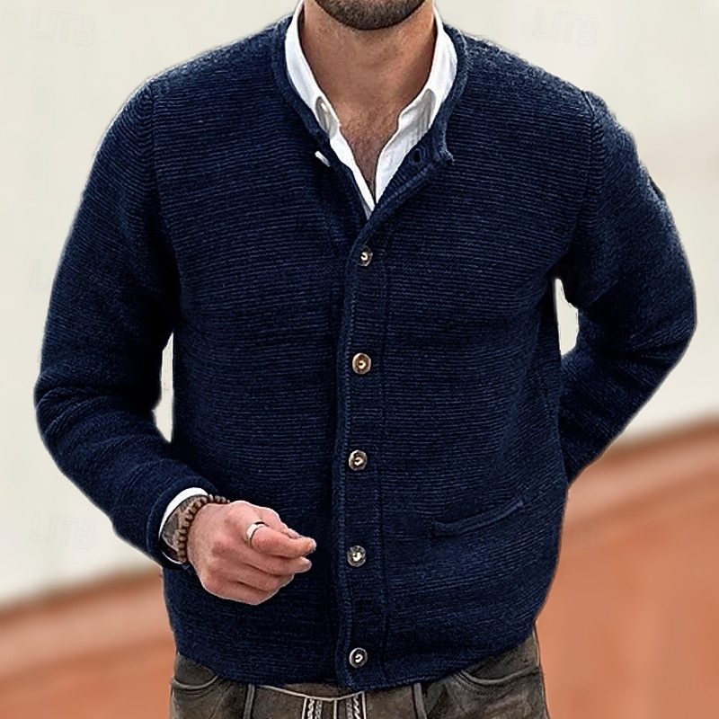 Men's Cardigan Sweater Cropped  Sweater Knit Sweater Ribbed Knit Regular Tops Pocket Buttons Plain Collarless Fashion Classic Vacation Daily Wear Clothing Apparel Fall Winter Black Navy Blue M L XL4