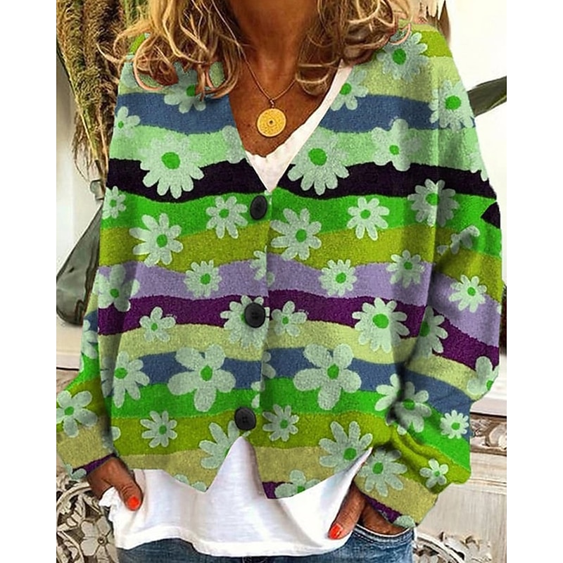 Women's Coat Casual Jacket Warm Comfortable Print Fashion Modern Casual Floral Going out Weekend Single Breasted Regular V Neck Regular Fit Long Sleeve Outerwear Pink Orange Green Fall Winter3