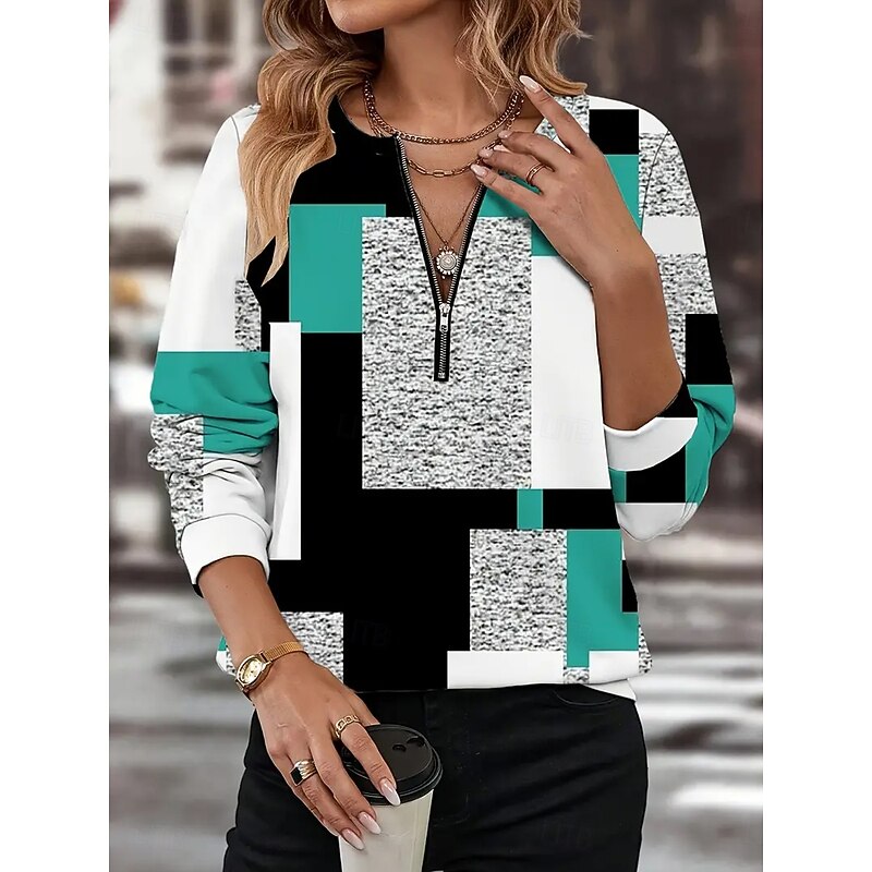 Women's Pullover Sweatshirt Zip Up Sweatshirts Graphic Geometric Color Block Fashion Casual Long Sleeve Crew Neck Regular Tops Street Dailywear Zipper Print Red Blue Purple Orange Green Fall Winter