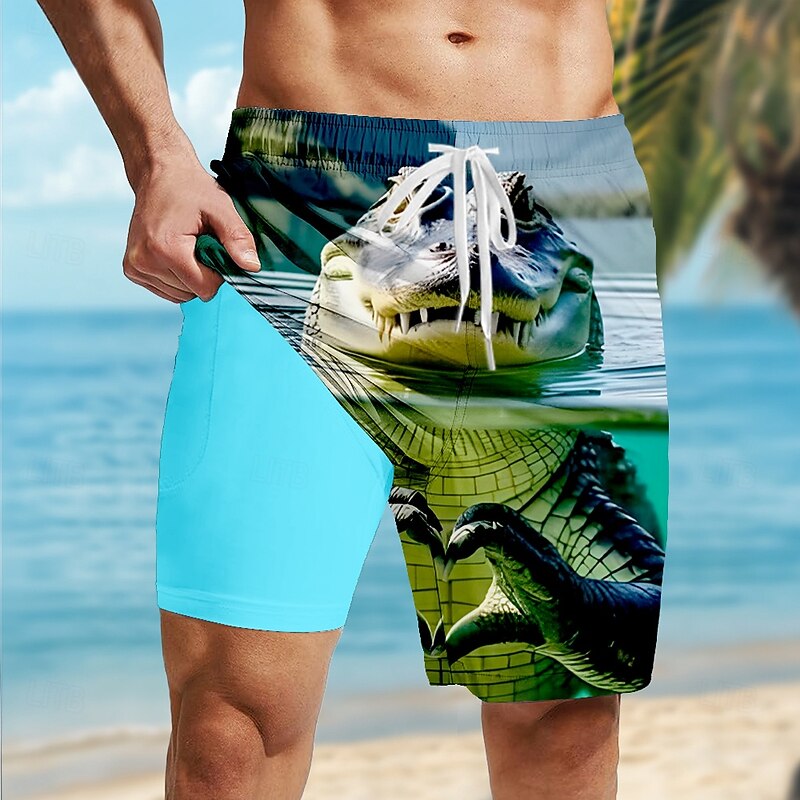 Men's Animal Crocodile Funny Lined Shorts 2 in 1 Board Shorts Swim Shorts Mid Waist Hawaiian Holiday Side Pockets With Compression Liner Elastic Drawstring Waist Designer Clothing Apparel2