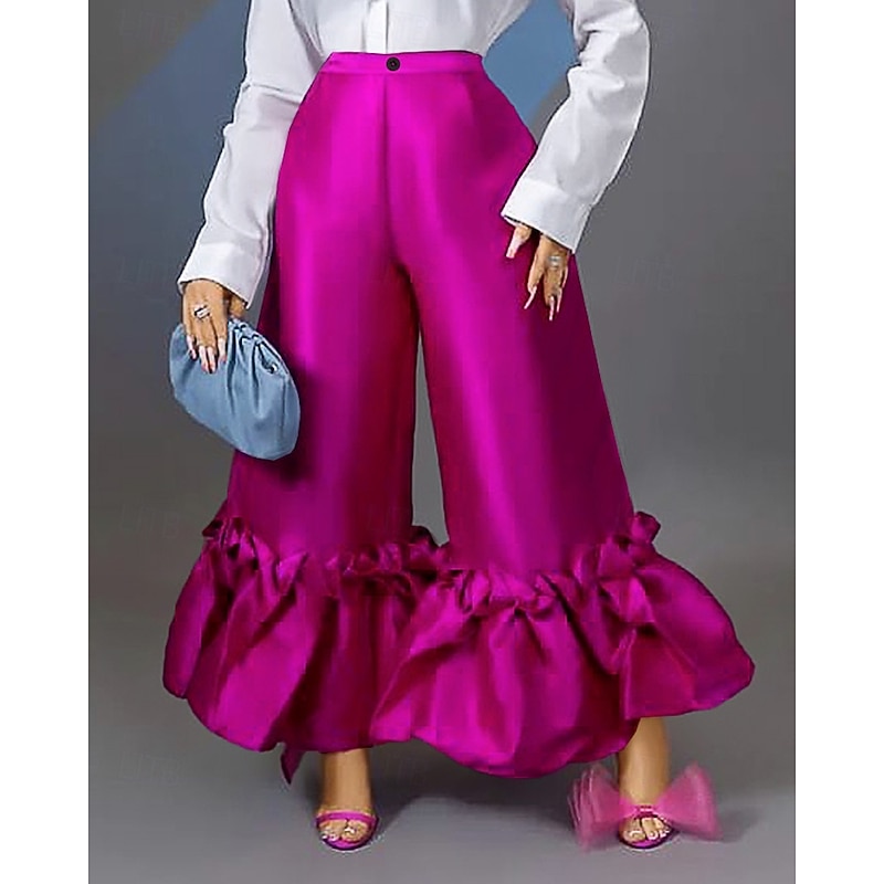 Women's Wide Leg Fashion Streetwear Full Length Natural Plain Ruffle Elastic Waist Comfortable Street Holiday Going out Black Fuchsia Green Fall Regular Fit2