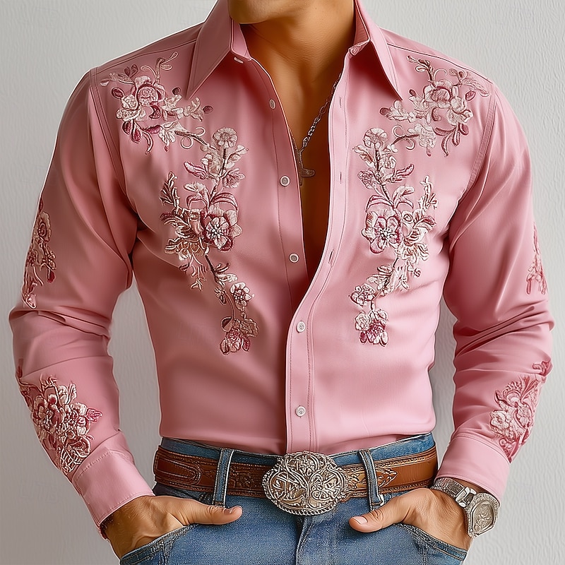 Men's Floral Print Flowers Shirt Western Shirt Cowboy Shirt Long Sleeve Vintage Retro Outdoor Vacation Spring Fall Turndown 3D Print Linen Like Shirt Pink