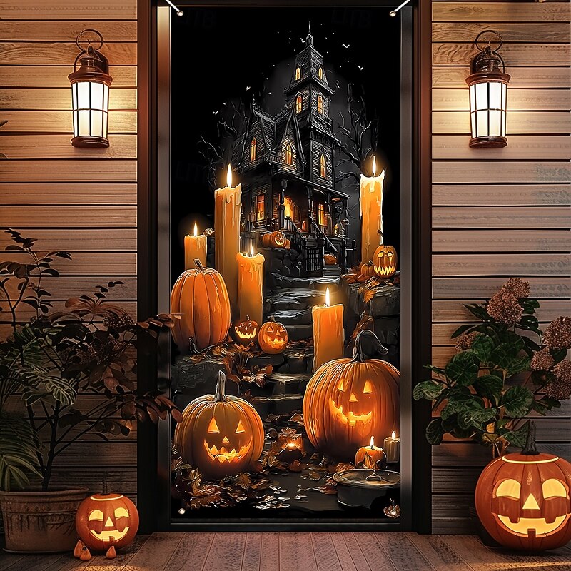 Halloween Door Cover Outdoor Banners Castle Cemetery Psychedelic Dark Punk Gothic Style Party Outdoor Shooting Backgrounds Front Door Wall Porch Home Decor4