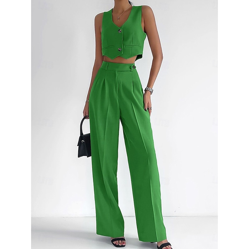 Women's Fashion Streetwear Pants Sets Sleeveless V Neck Solid Color Ruched Casual Daily Fuchsia Green Khaki Summer Regular Fit