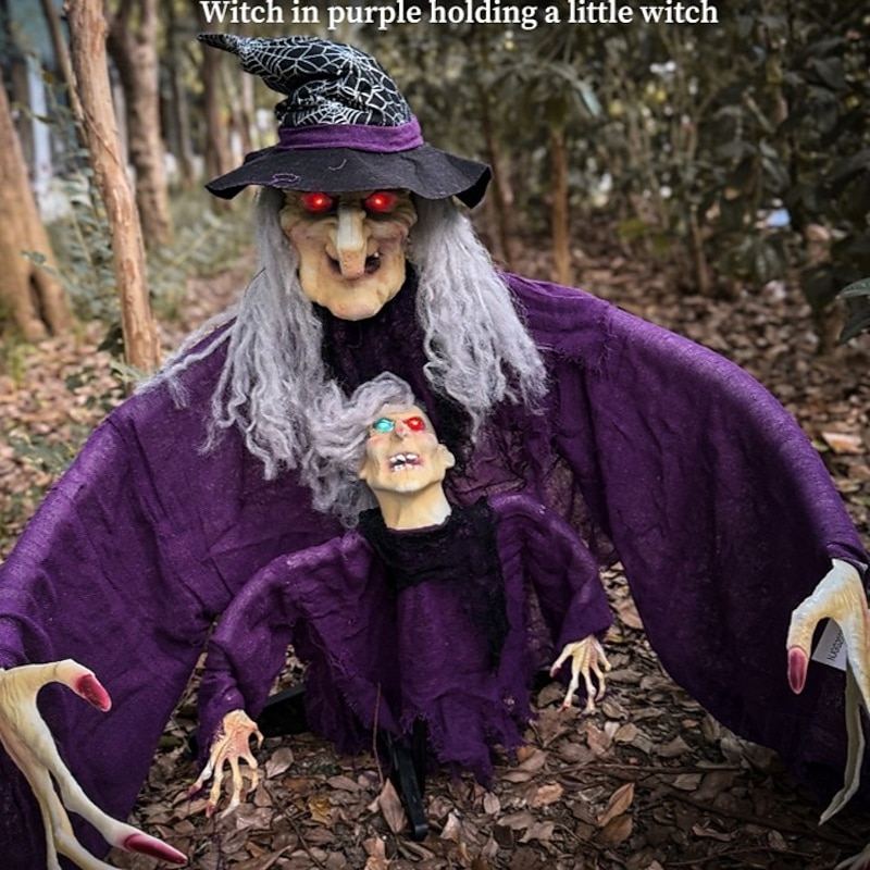 Halloween New Arrival Parent and Child Witch Figurine Set with Ground Plug and Glowing Little Witch for Garden Atmosphere Decoration