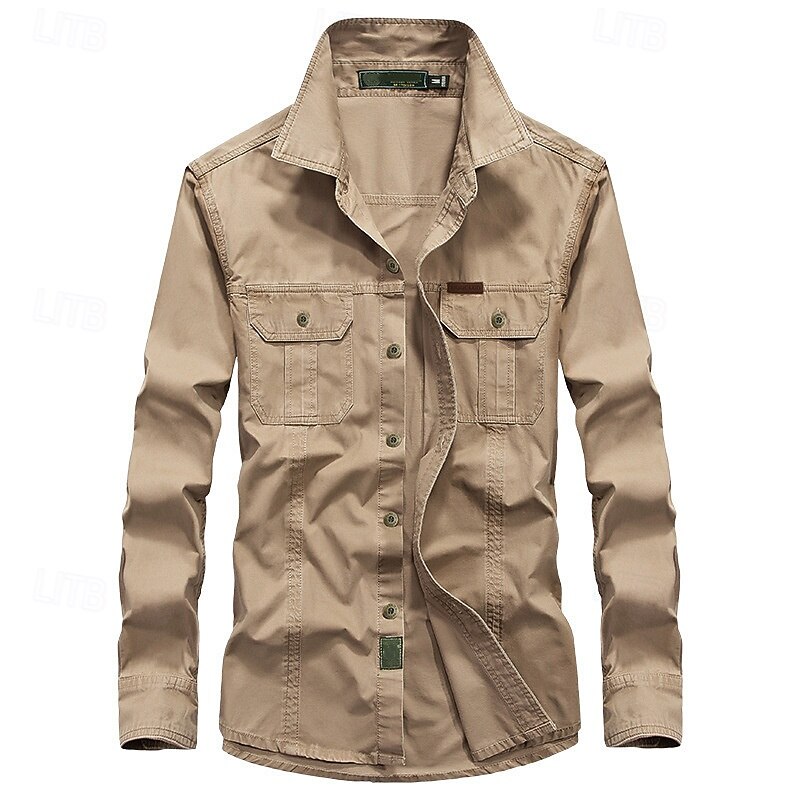 Men's Cargo Shirt Hiking Shirt Tactical Military Shirt Long Sleeve Turndown Top Outdoor Breathable Cotton Army Green Khaki Dark Blue Hunting Workout Traveling