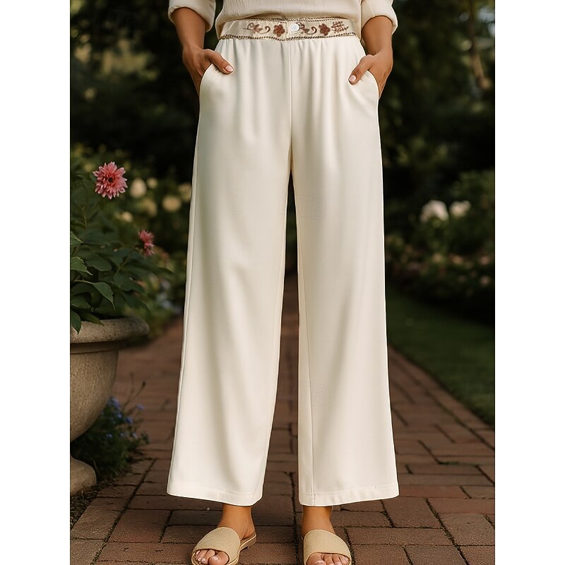 Women's Chinos Pants Trousers Vacation Vintage Fashion Full Length High Waist Floral Drawstring Embroidered Pocket Comfort Outdoor Stretchy Vacation Street Daily White Yellow Navy Blue Coffee Summer