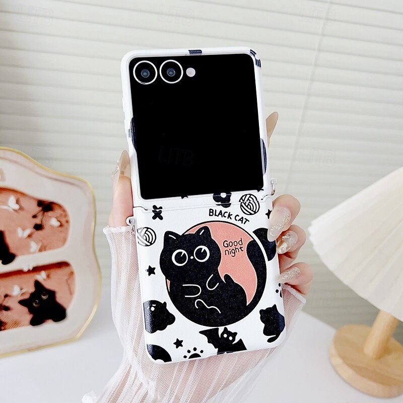 Phone Case For Samsung Galaxy Z Flip 7 Z Flip 6 Z Flip 5 Z Flip 4 Back Cover with Lanyard Shockproof Cat TPU PC3