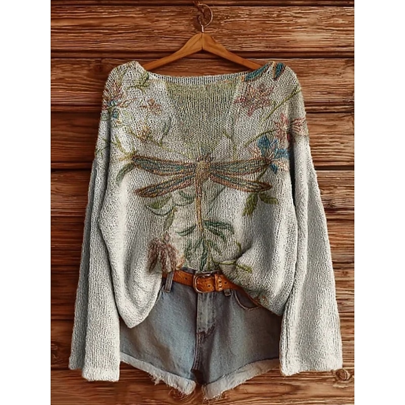 Women's Sweater Casual Soft Dragonfly Stylish Modern Long Sleeve Crew Neck Regular Tops Daily Holiday Print Blue Green Rainbow Apricot Spring Fall Winter2