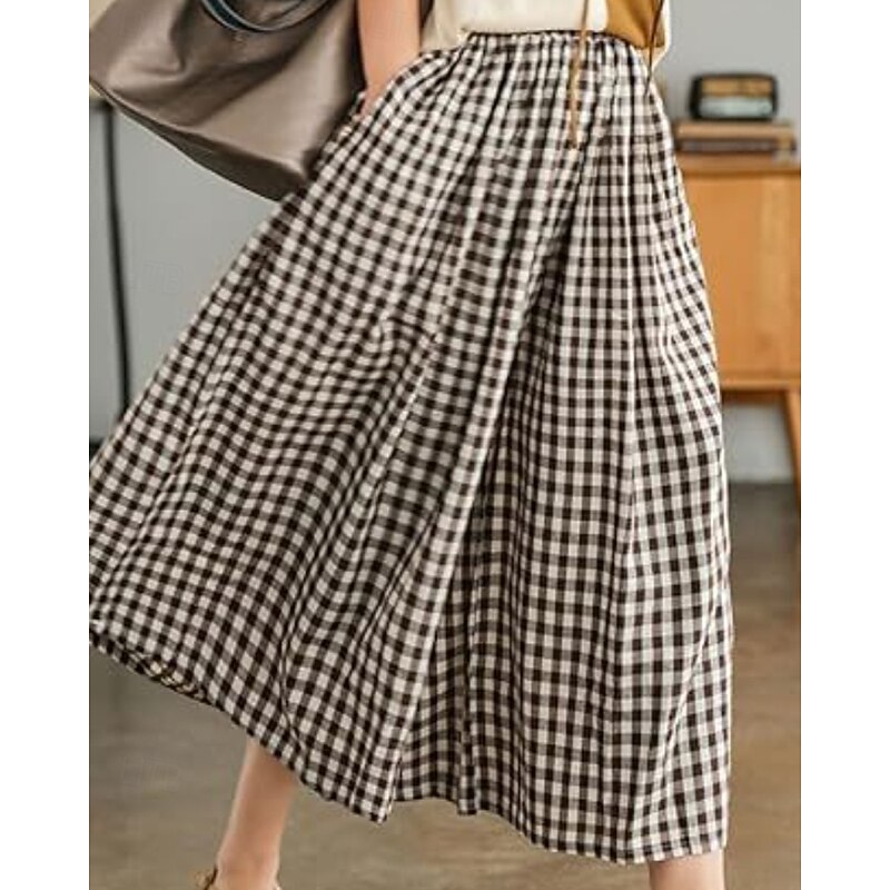 Women's Wide Leg Slacks Streetwear Casual Full Length Natural Plaid Pocket Elastic Waist Comfy Outdoor Vacation Going out Black & White Black Red Dark navy Fall Regular Fit