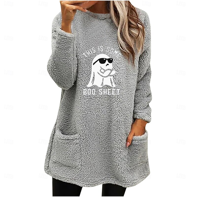 Halloween Women's Pullover Sweatshirt Ghost Graphic Warm Teddy Romantic Long Sleeve Round Neck Long Tops Casual Black Pink Blue Gray Spring Fall Winter4