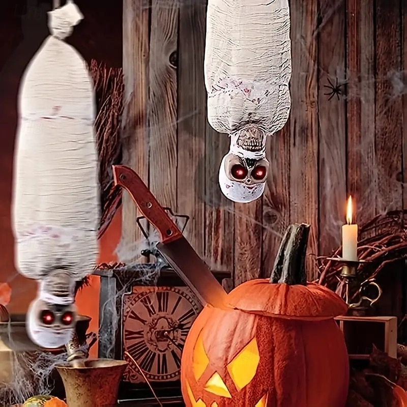 Halloween Hanging Mummy Decoration Prop - Horror Inverted with glowing red eyes fabric battery powered (excluding AA batteries) - Ideal for Horror Houses and Festival Decorations Festival Decorati2