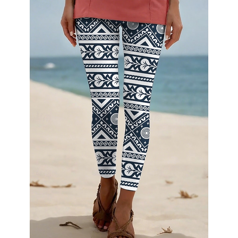 Women's Pants Trousers Leggings Vintage Casual Full Length High Waist Geometric Elastic Waist Print Breathability Comfortable Stretchy Vacation Street Daily Wear Yellow Blue Summer Spring Fall