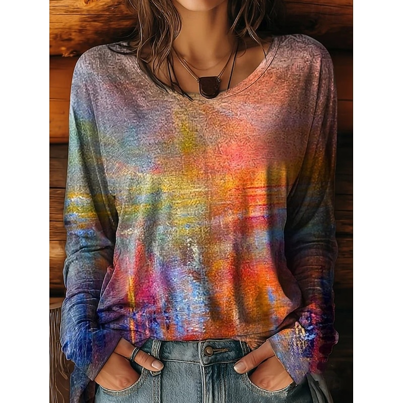 Women's Plus Size T Shirt Floral Graphic Color Gradient Vintage Fashion Stylish Long Sleeve Crew Neck Regular Tops Daily Going out Weekend Print Pink Red Purple Orange Green Spring Fall3