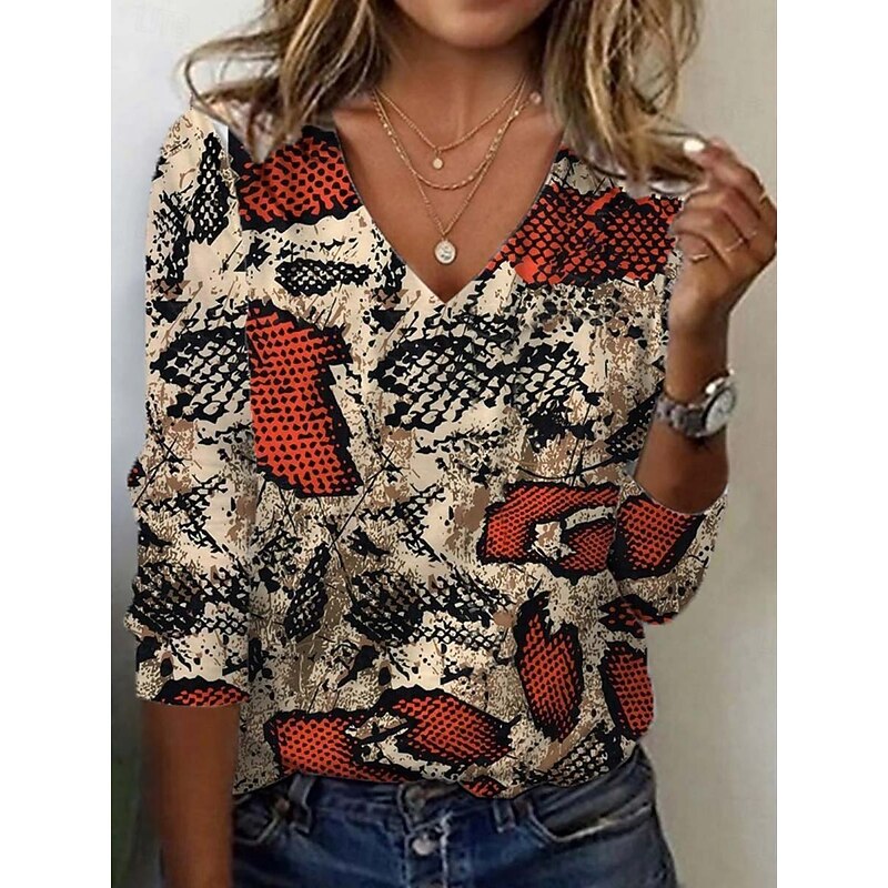 Women's Tunic T Shirt Leopard Color Block Letter Vintage Stylish Casual Long Sleeve V Neck Regular Tops Daily Sports Weekend Print Gray / Red White / Black Fall3
