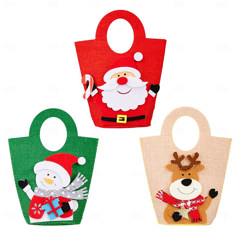 3PCS Christmas Cartoon Tote Gift Bags, Creative Santa Claus Candy Bags, Kids Christmas Gift Bags for Candies, Apples, Holiday Party Favors3