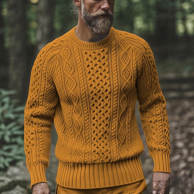 Men's Pullover Sweater Jumper Knit Sweater Cable Knit Regular Tops Knitted Plain Crew Neck Fashion Basic Vacation Daily Wear Clothing Apparel Fall Winter Black Yellow S M L4