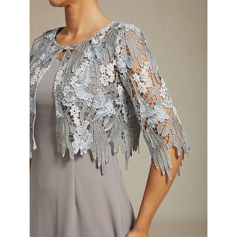 Women's Lace Tops Elegant Romantic Crew Neck Gray Summer3