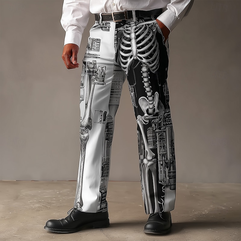 Halloween Men's Skeleton Halloween Costumes Dress Pants Trousers Suit Pants Mid Waist Dark Punk Gothic Style Outdoor Holiday Straight Leg Pants with Pockets Spring Fall 3D Print Black And White Black