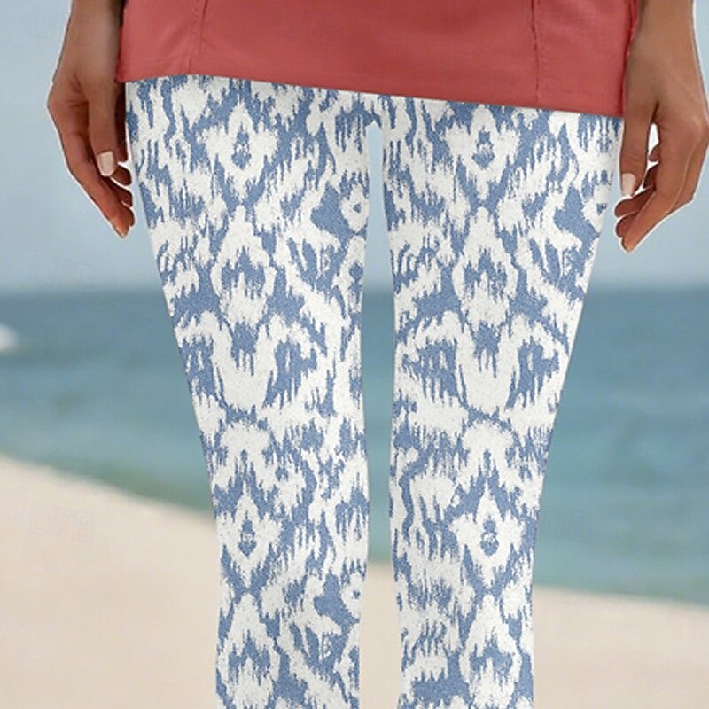 Women's Pants Trousers Leggings Cozy Leggings Streetwear Casual Full Length High Waist Abstract Elastic Waist Print Breathability Comfortable Stretchy Vacation Street Daily Wear Blue Summer Spring2