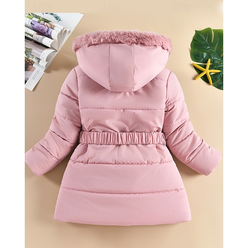 Kids Girls' Down Coat Solid Color Fashion Zipper Pocket School Coat Outerwear 4-12 Years Winter Black Pink Navy Blue2