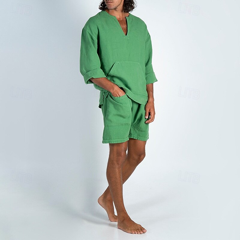 Men's T-shirt Suits 2 Pieces Outfits Tee & Shorts Long Sleeve V Neck Summer Spring Plain Fashion Casual 2 Piece Front Pocket Vacation Daily Wear Going out Yellow Blue Green Top Tee for Men3