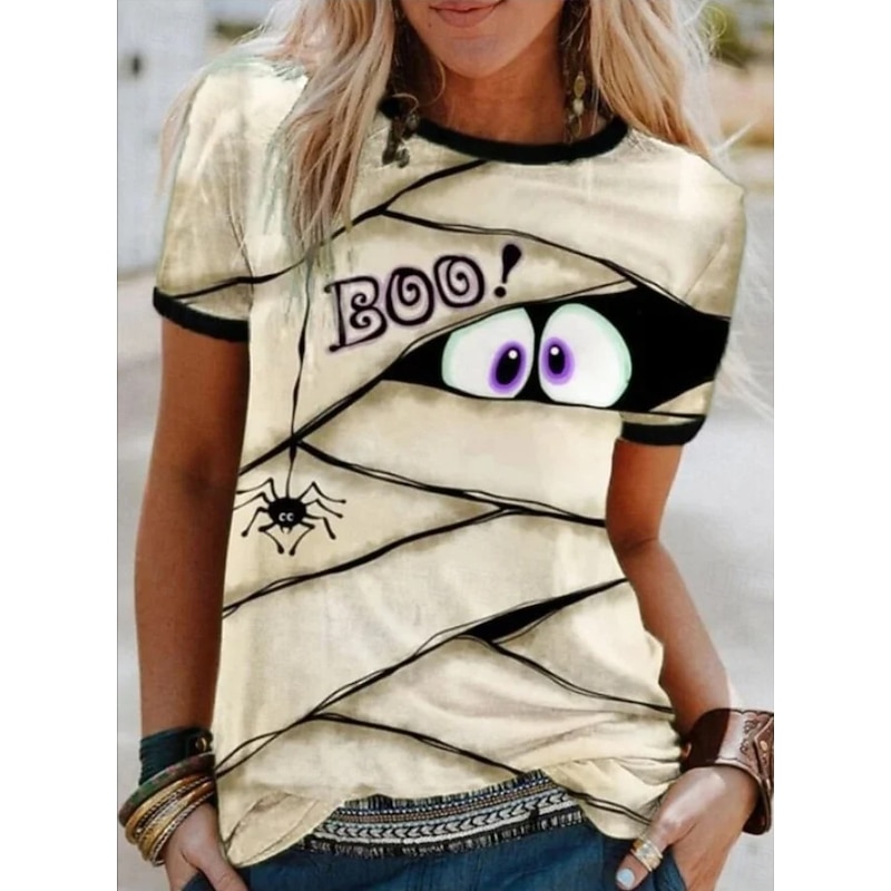 Halloween Women's T shirt Monster Graphic Witch Vintage Stylish Classic Short Sleeve Crew Neck Round Neck Regular Tops Daily Weekend Print Black White Orange Khaki Light Grey Summer Spring Fall