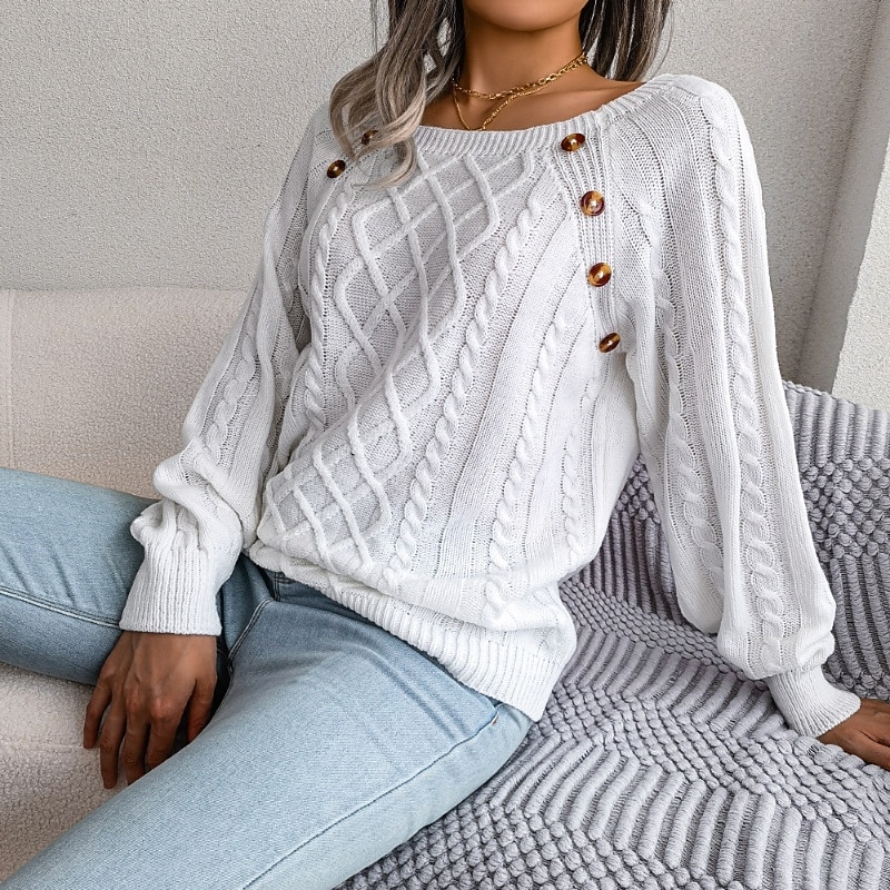 Women's Sweater Casual Solid Color Cable Square Neck Buttons Knitted Long Sleeve Regular Tops Knit Holiday Going out Weekend White Army Green Fall