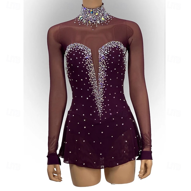 Figure Skating Dress Women's Girls' Ice Skating Dress Burgundy Open Back Asymmetric Hem Mesh High Elasticity Training Competition Skating Wear Classic Crystal / Rhinestone Long Sleeve Ice Skating Figure