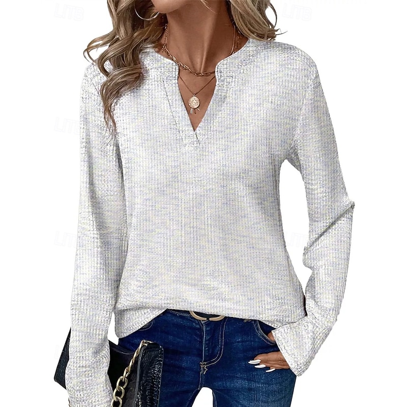 Women's Sweater Pullover Fashion Solid Color Ribbed V Neck Knitted Long Sleeve Regular Tops Knit Holiday Going out Weekend White Fall
