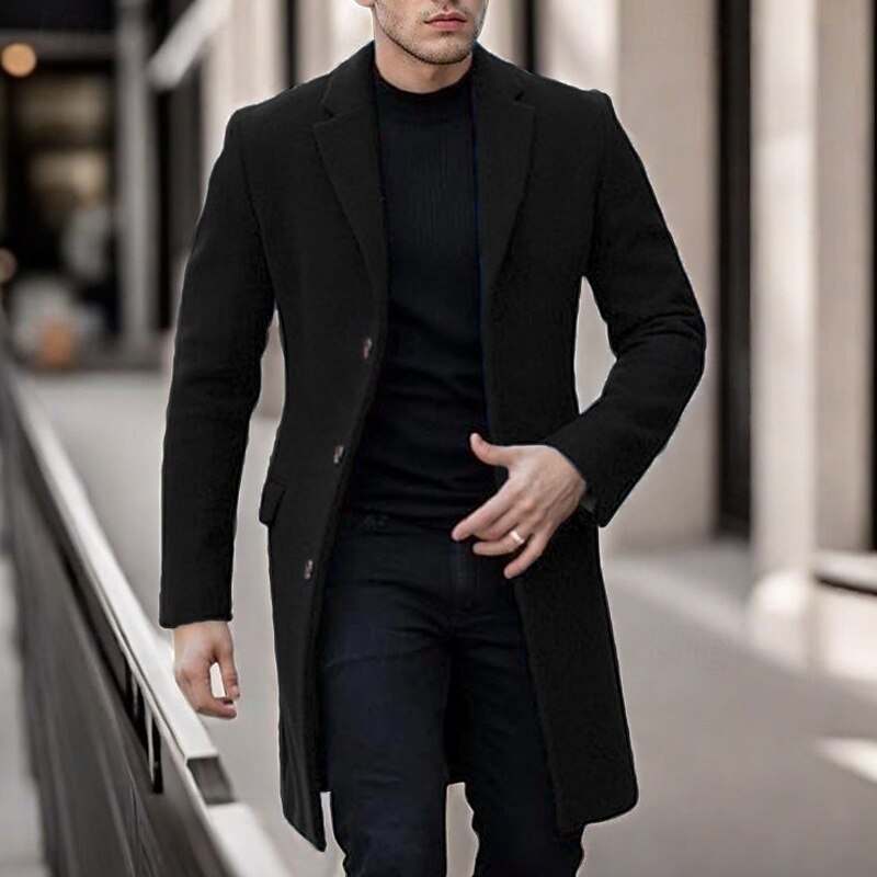 Men's Overcoat Trench Coat Long Trench Coat Vacation Daily Fall Winter Polyester Warm Soft Outerwear Clothing Apparel Fashion Classic Plain Pocket Lapel Single Breasted4