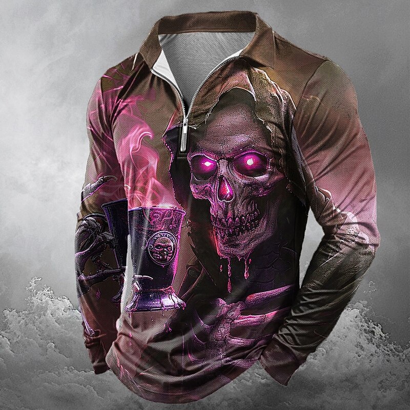 Day of the Dead Men's Skull Skulls Zip Polo Shirts Long Sleeve Polo Shirts Lapel Casual Horror Dark Outdoor Festival Outfit 3D Print Spring Fall Winter Red Blue Purple2