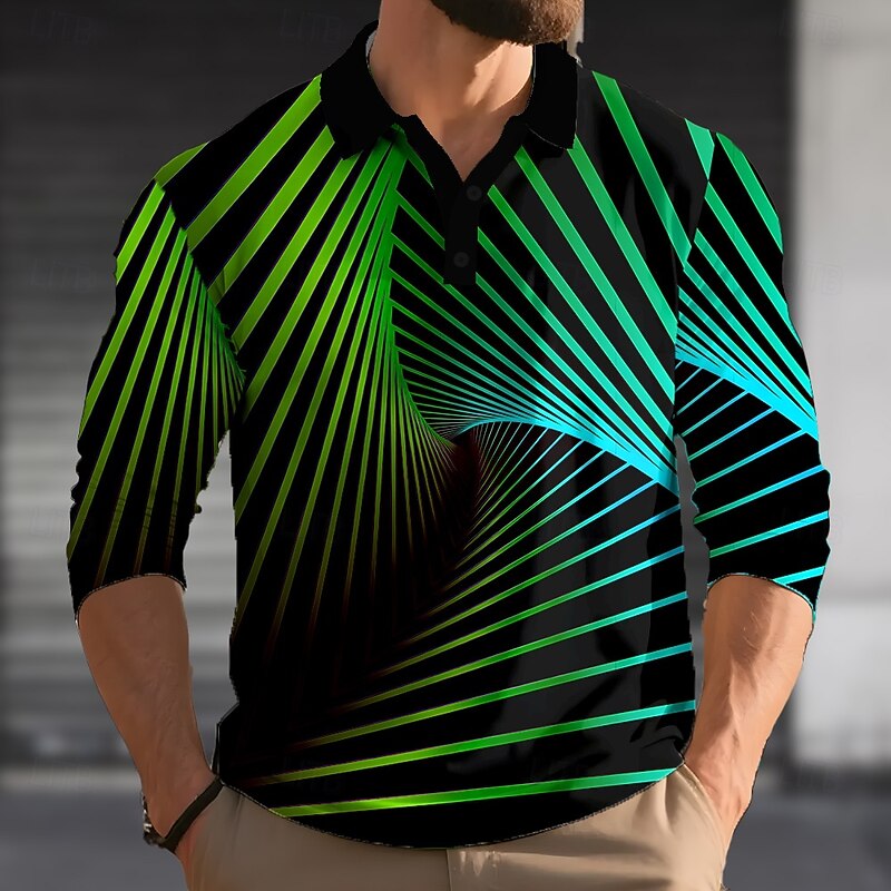 Men's 3D Geometic Polo Long Sleeve Polo Shirts Lapel Casual Outdoor Street Athleisure Daily Wear 3D Print Buttons Spring Fall Winter Lake blue Red Green2