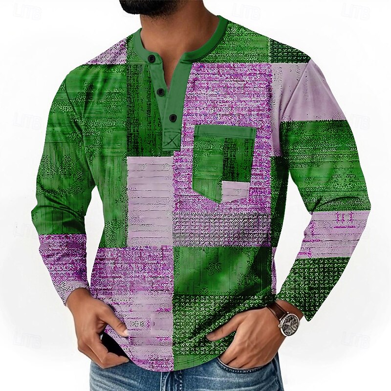 Men's Patchwork Henley Shirt T shirt Tee Long Sleeve Retro Vintage Casual Casual Spring Fall Dark Brown Blue Green Henley Henley T-Shirt3